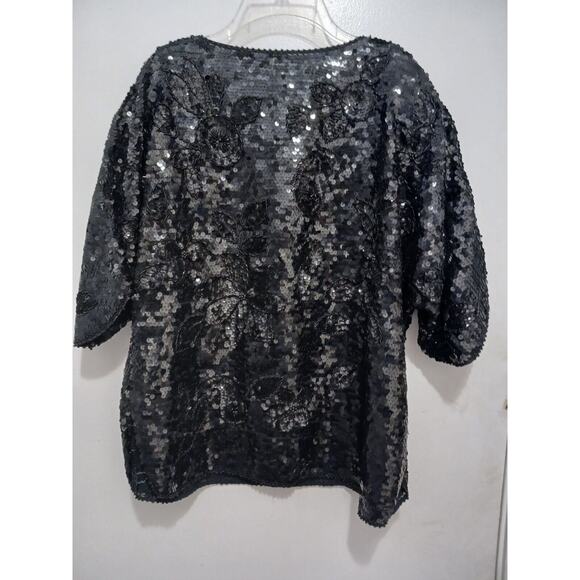 Exotic Formal Beaded Sequin Top L Black Short Sleeve NY Party Christmas Holiday - Picture 12 of 17